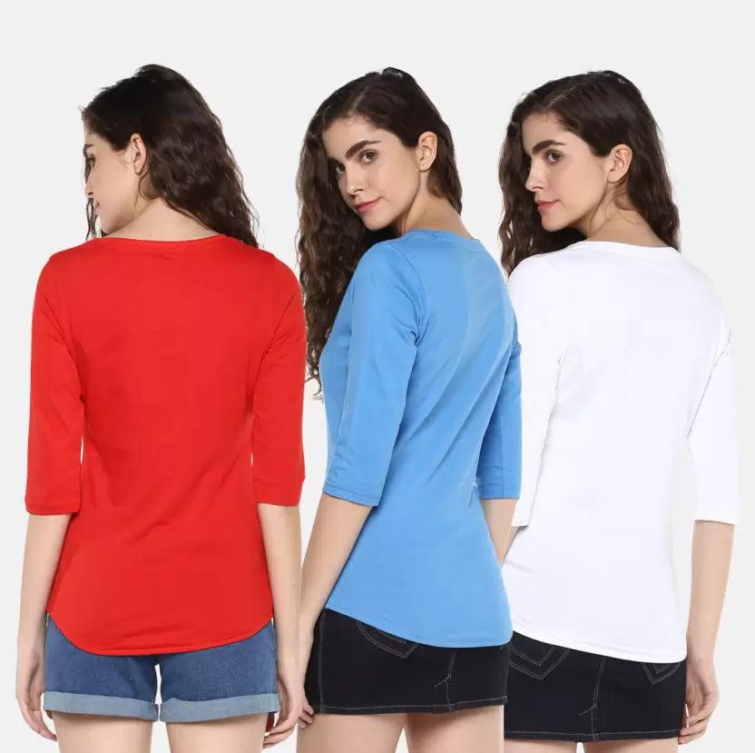 Pack of 3 Women Self Design, Solid Round Neck Light T-Shirt (SkuBlue, Red, White) - Young Trendz