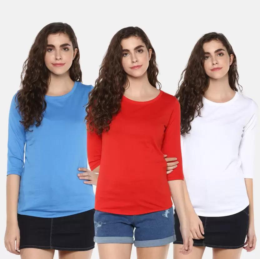 Pack of 3 Women Self Design, Solid Round Neck Light T-Shirt (SkuBlue, Red, White) - Young Trendz