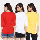 Pack of 3 Women Self Design, Solid Round Neck T-Shirt (RED WHITE YELLOW) - Young Trendz