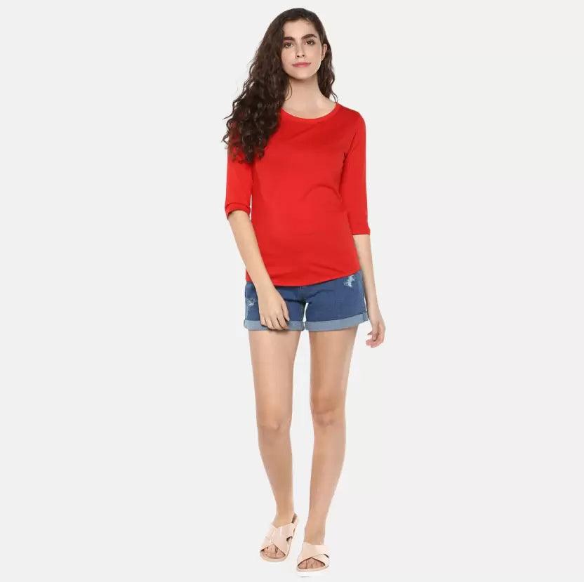 Pack of 3 Women Self Design, Solid Round Neck T-Shirt (RED WHITE YELLOW) - Young Trendz