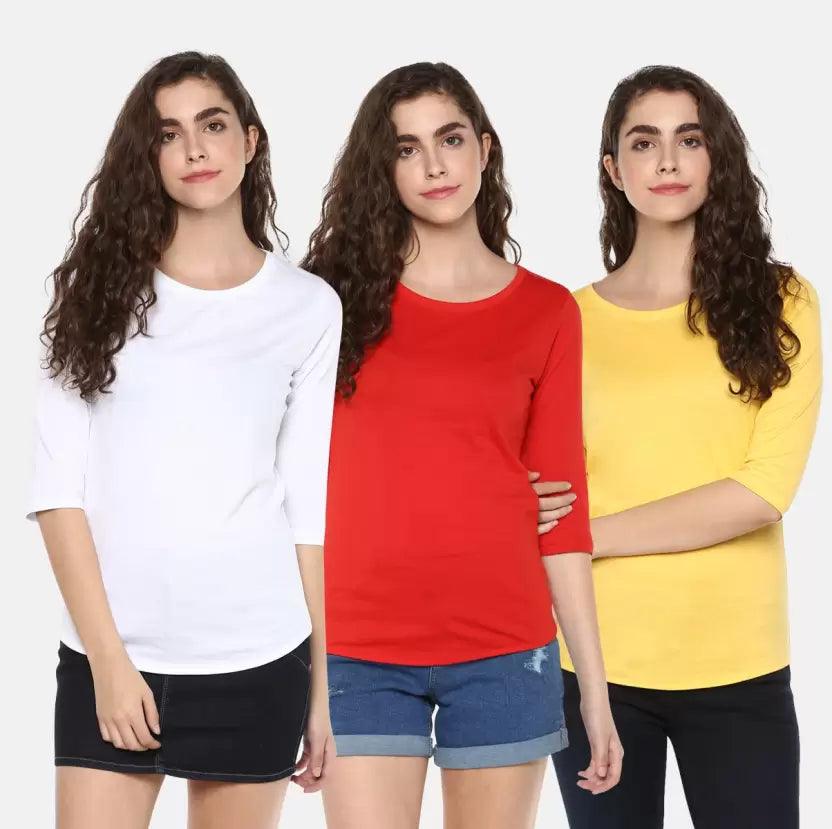 Pack of 3 Women Self Design, Solid Round Neck T-Shirt (RED WHITE YELLOW) - Young Trendz