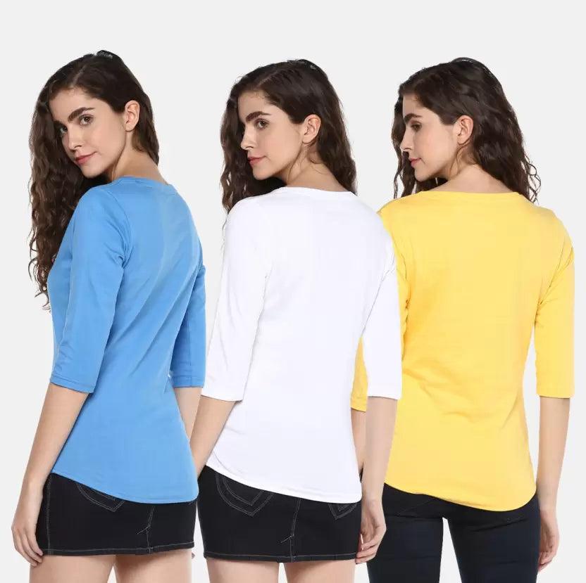 Pack of 3 Women Self Design, Solid Round Neck Multicolor T-Shirt (BLUE,WHITE,YELLOW) - Young Trendz