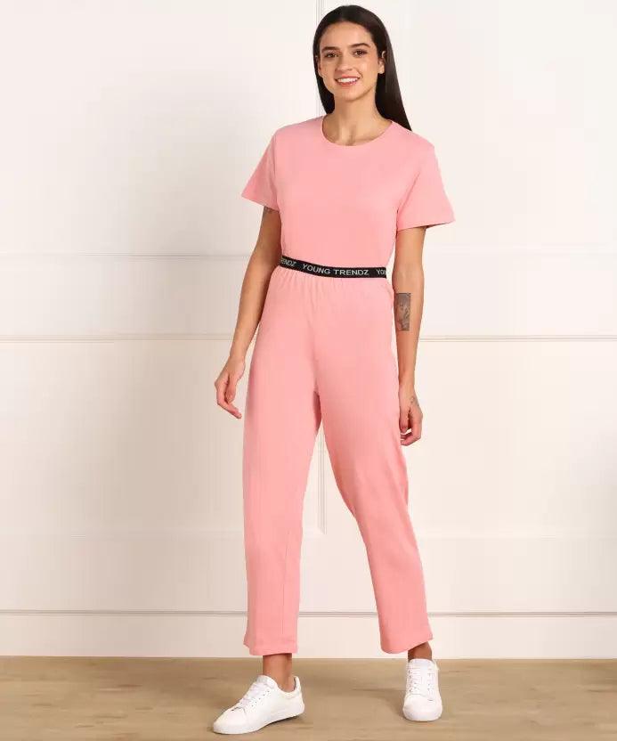 Women T-shirt & Pyjama Set Pure Soft Cotton - Pink - Young Trendz