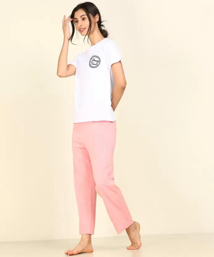Women T-shirt & Pyjama Set Pure Soft Cotton (White, Pink) - Young Trendz
