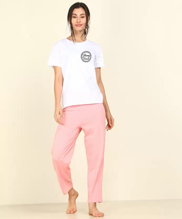 Women T-shirt & Pyjama Set Pure Soft Cotton (White, Pink) - Young Trendz
