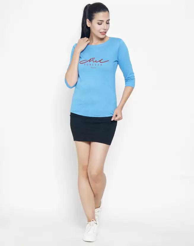 Women Printed Round Neck T-Shirt ( Light Blue ) - Young Trendz
