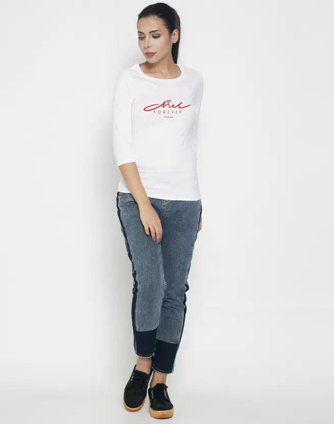 Mode Rebel Printed Women Round Neck T-Shirt ( White) - Young Trendz