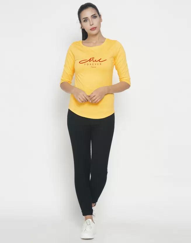 Women Printed Round Neck T-Shirt ( Yellow) - Young Trendz