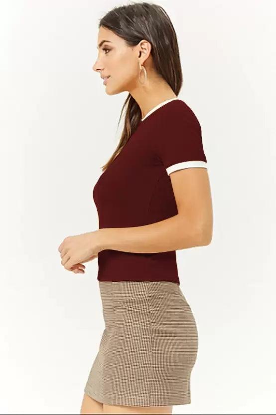 Women Solid Round Neck (Maroon) T-Shirt - Young Trendz