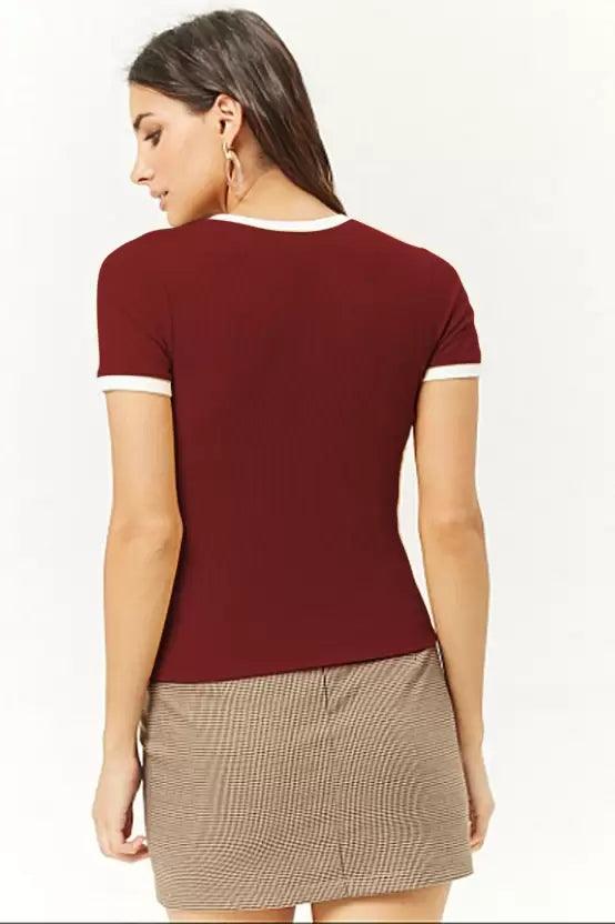 Women Solid Round Neck (Maroon) T-Shirt - Young Trendz