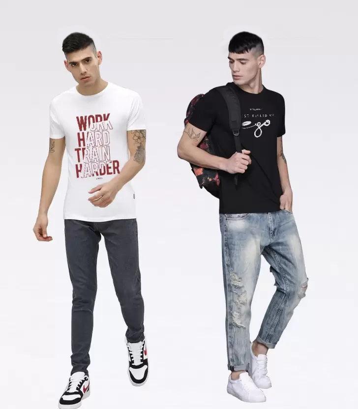 Pack of 2 Men Printed Round Neck T-Shirt White, Black - Young Trendz