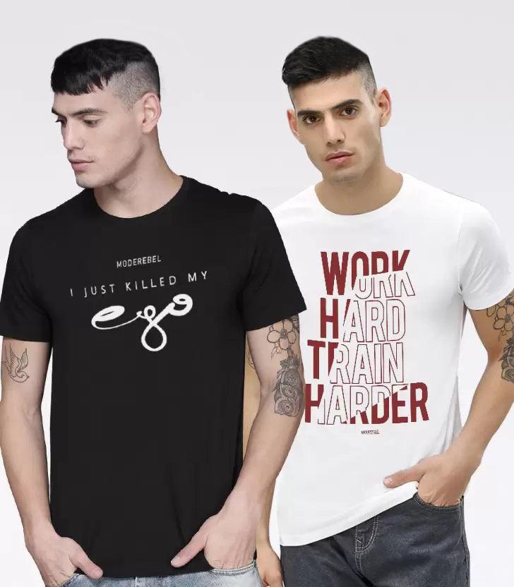 Pack of 2 Men Printed Round Neck T-Shirt White, Black - Young Trendz