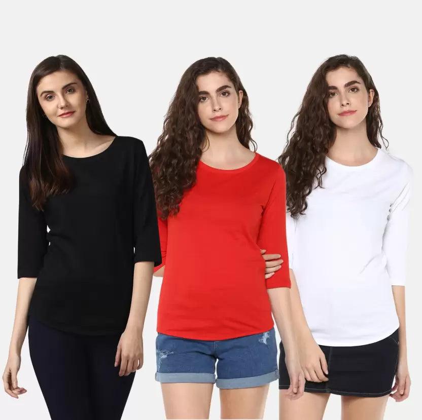 Pack of 3 Women Self Design, Solid Round Neck T-Shirt (Red, White, Black) - Young Trendz
