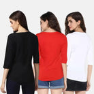 Pack of 3 Women Self Design, Solid Round Neck T-Shirt (Red, White, Black) - Young Trendz