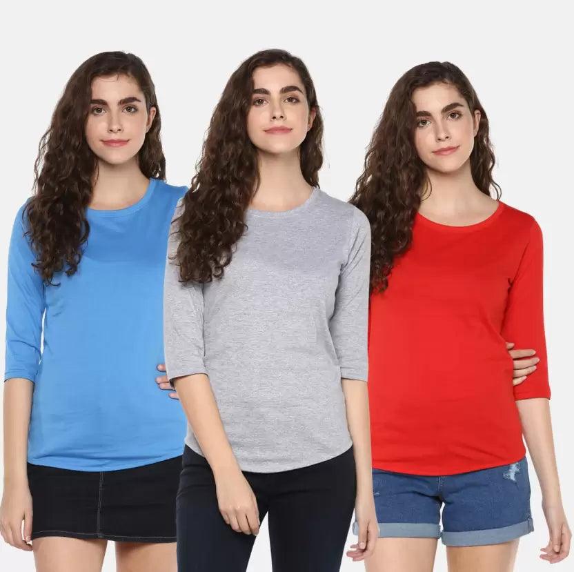 Pack of 3 Women Self Design, Solid Round Neck T-Shirt (GREY,RED,BLUE) - Young Trendz