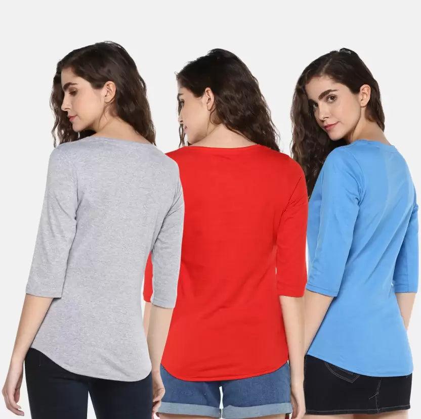Pack of 3 Women Self Design, Solid Round Neck T-Shirt (GREY,RED,BLUE) - Young Trendz