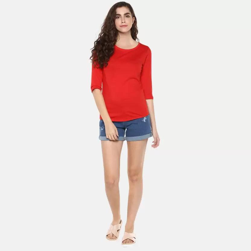 Pack of 3 Women Self Design, Solid Round Neck T-Shirt (RED, SKYBLUE, WHITE) - Young Trendz