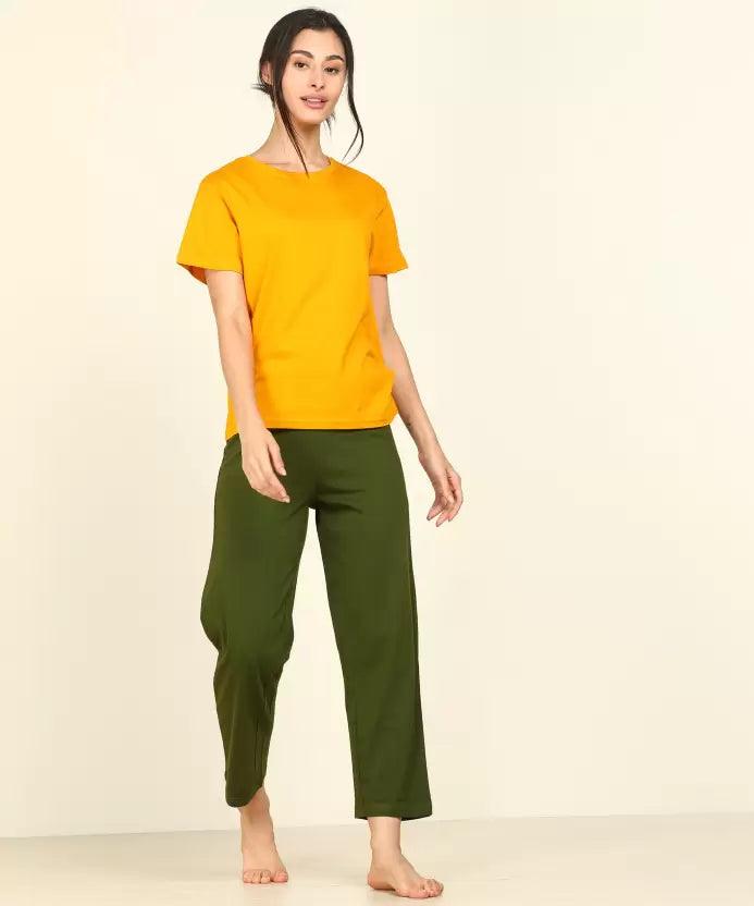 Women T-shirt & Pyjama Set Pure Soft Cotton (Yellow, Dark Green) - Young Trendz