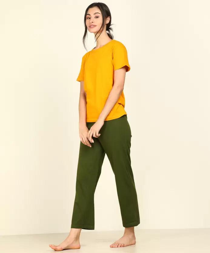 Women T-shirt & Pyjama Set Pure Soft Cotton (Yellow, Dark Green) - Young Trendz