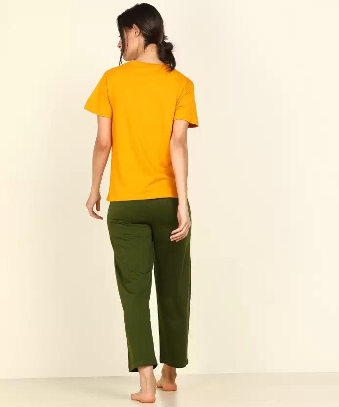 Women T-shirt & Pyjama Set Pure Soft Cotton (Yellow, Dark Green) - Young Trendz