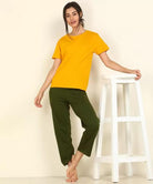 Women T-shirt & Pyjama Set Pure Soft Cotton (Yellow, Dark Green) - Young Trendz