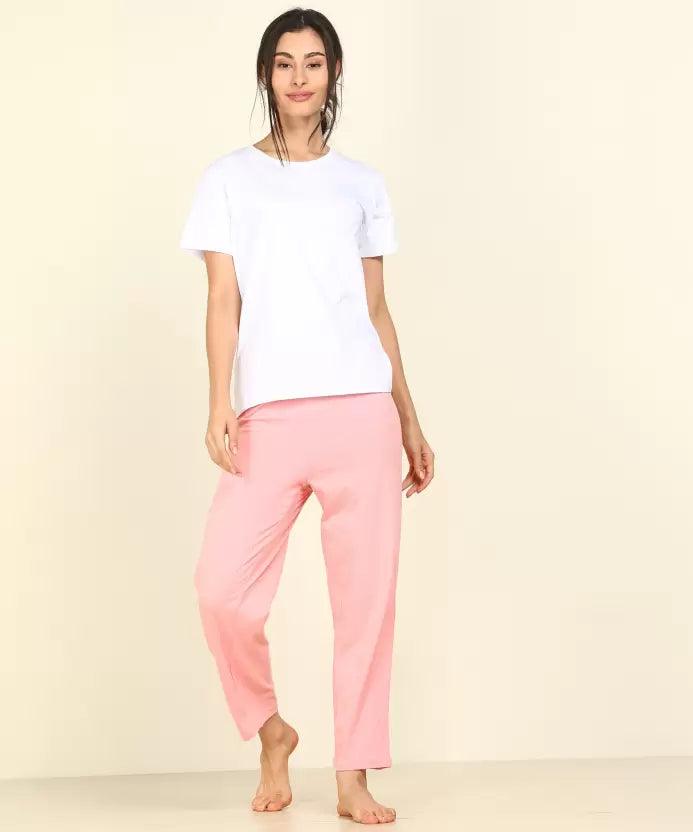 Women T-shirt & Pyjama Set Pure Soft Cotton - White-Pink - Young Trendz