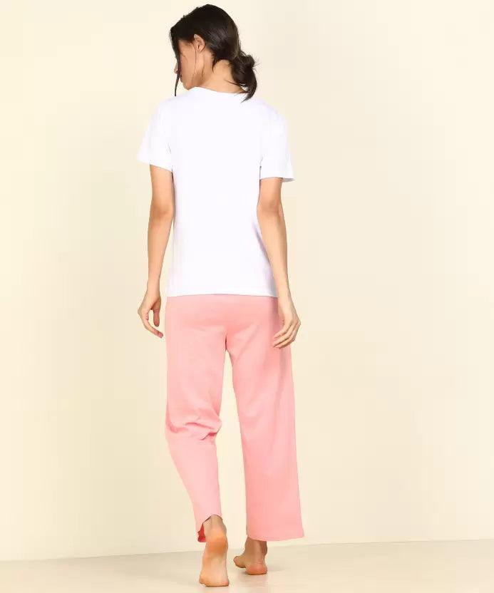 Women T-shirt & Pyjama Set Pure Soft Cotton - White-Pink - Young Trendz