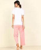 Women T-shirt & Pyjama Set Pure Soft Cotton (White, Pink) - Young Trendz