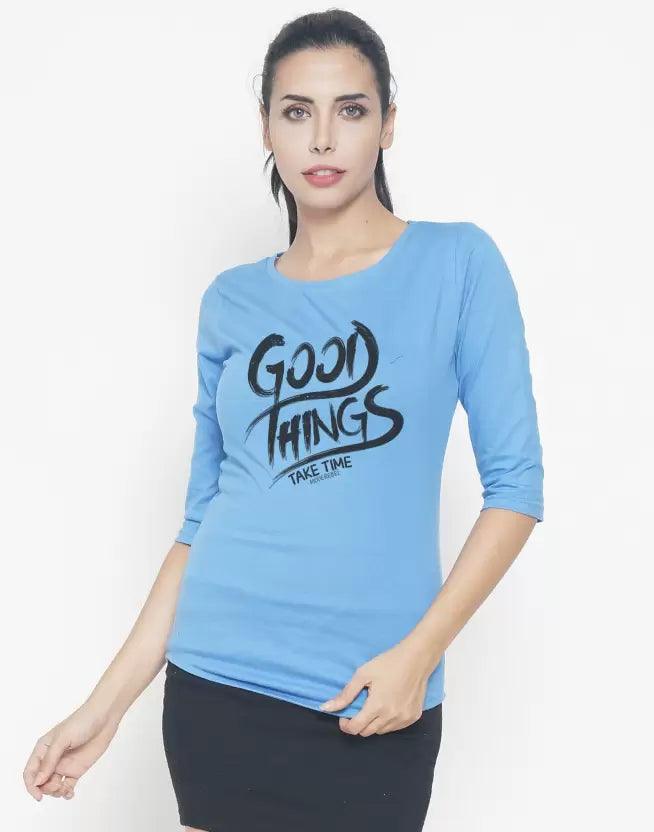 Women Graphic Print Round Neck (Light Blue) T-Shirt - Young Trendz