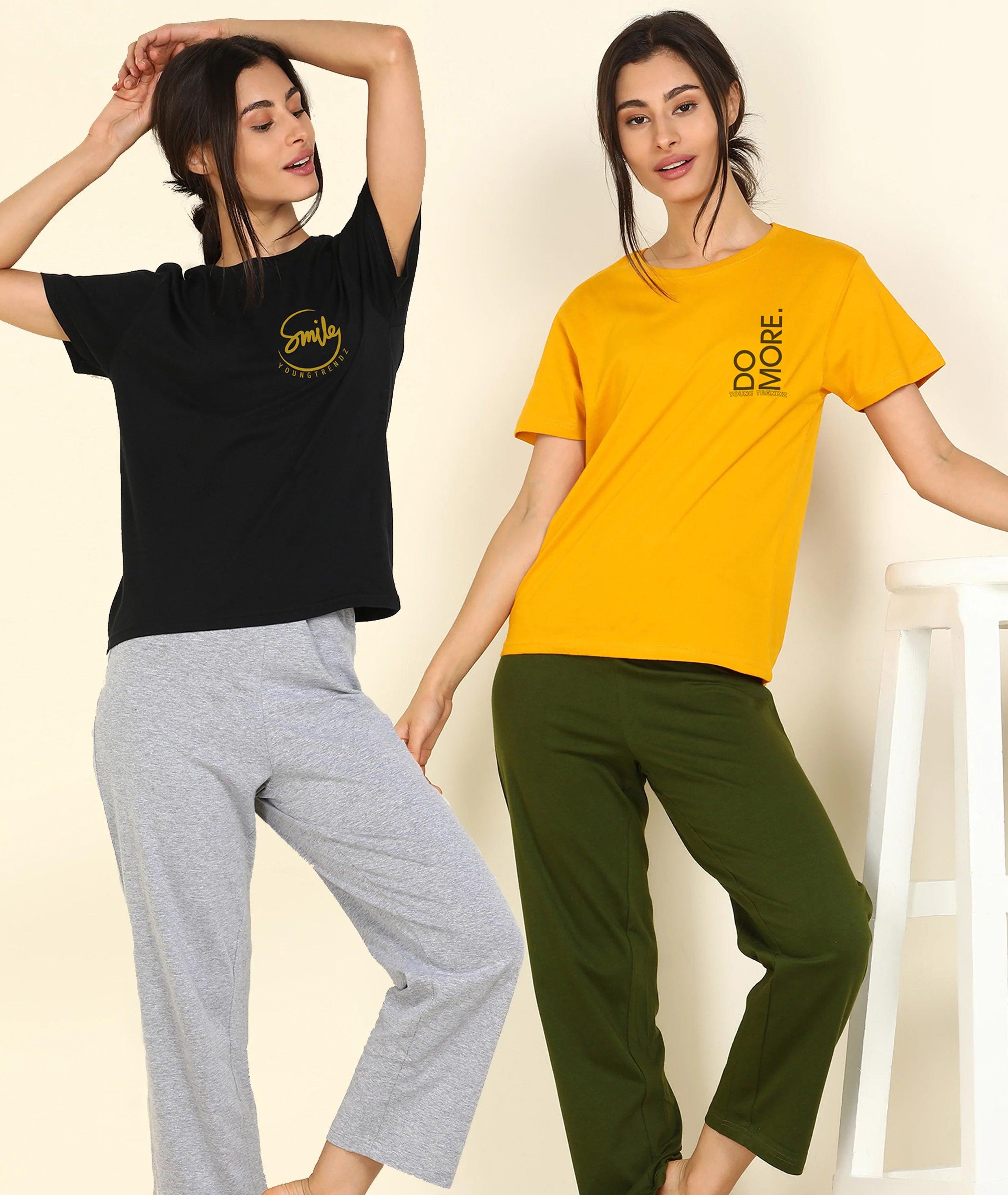 Women Printed T-shirt & Pyjama Set Pure Soft Cotton - Combo Set - Young Trendz