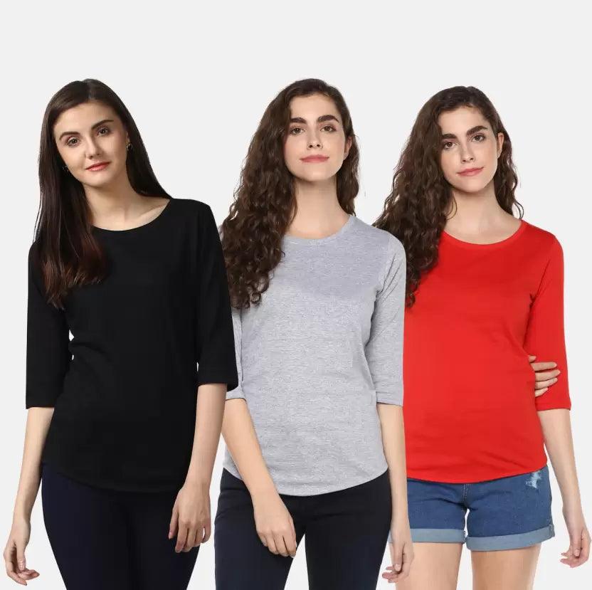 Pack of 3 Women Self Design, Solid Round Neck (BLACK,GREY,RED) - Young Trendz
