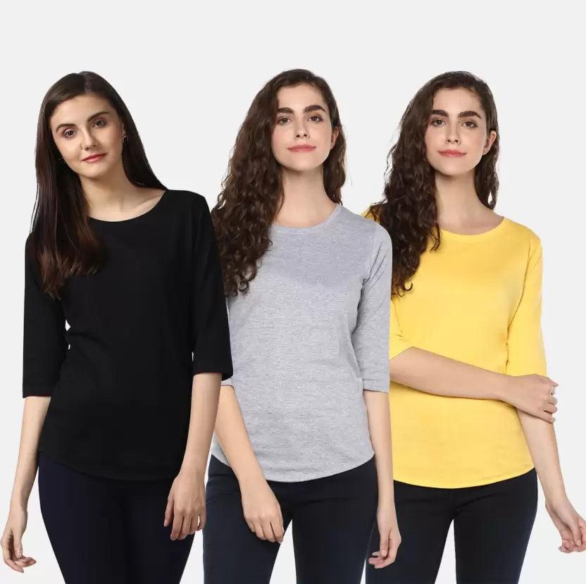 Pack of 3 Women Self Design, Solid Round Neck Multicolor T-Shirt (BLACK,GREY,YELLOW) - Young Trendz