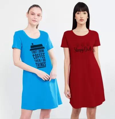 Women Night Dress 3/4 Sleeve Combo (Blue, Maroon) - Young Trendz