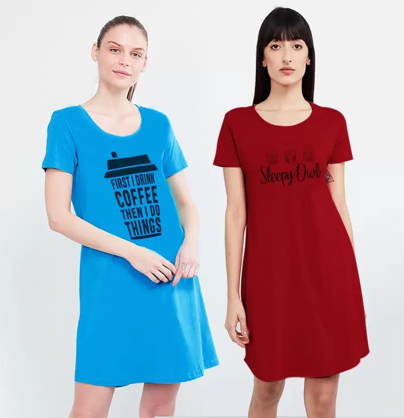 Pack of 2 Women Nighty (Blue, Maroon) - Young Trendz