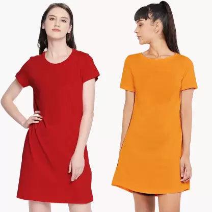 Women Night Dress Half Sleeve Combo (Red,Mustard) - Young Trendz