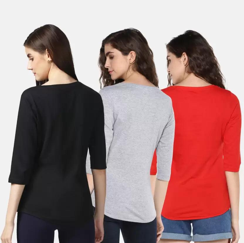 Pack of 3 Women Self Design, Solid Round Neck (BLACK,GREY,RED) - Young Trendz