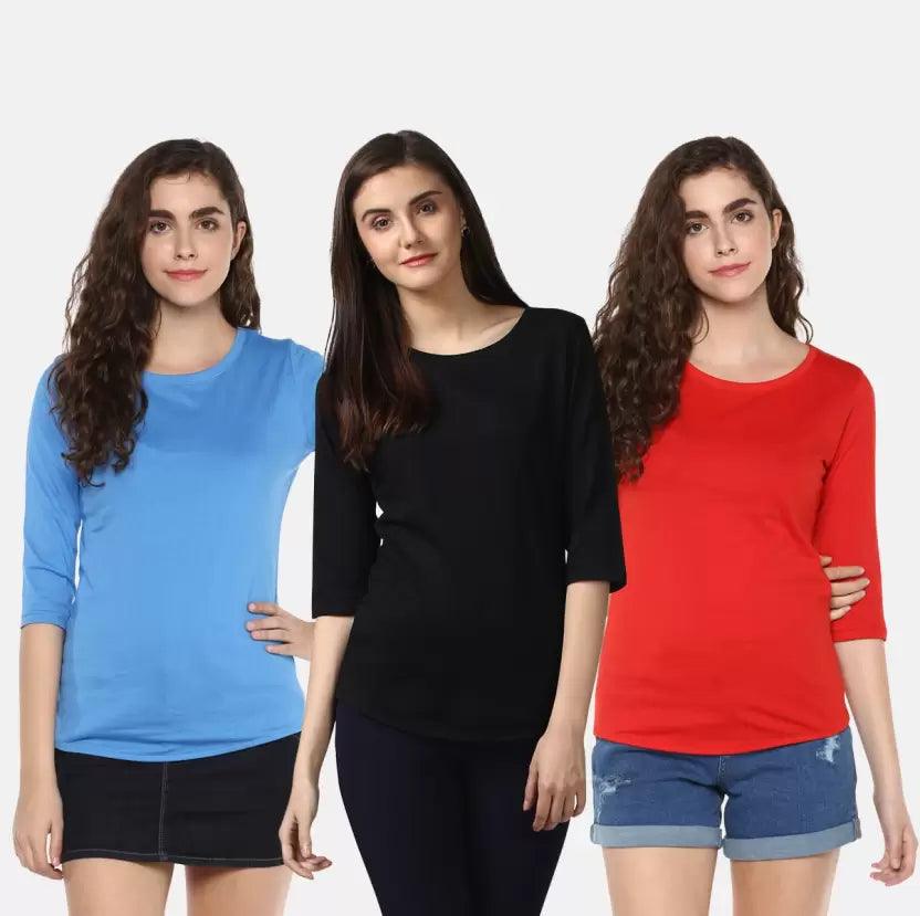 Pack of 3 Women Self Design, Solid Round Neck T-Shirt (BLACK,RED,SKYBLUE) - Young Trendz