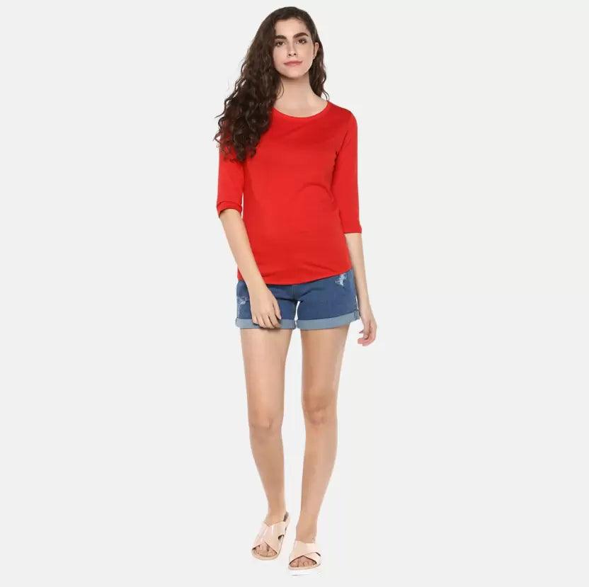 Pack of 3 Women Self Design, Solid Round Neck T-Shirt (BLACK,RED,SKYBLUE) - Young Trendz