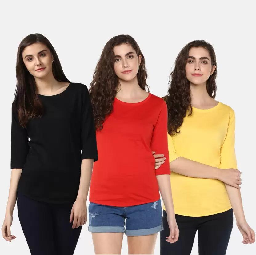 Pack of 3 Women Self Design, Solid Round Neck T-Shirt (BLACK,RED,YELLOW) - Young Trendz