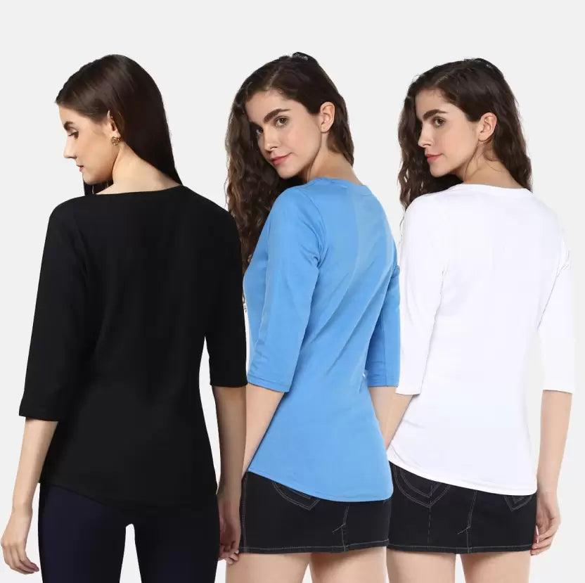 Pack of 3 Women Self Design, Solid Round Neck T-Shirt (White, Blue, Black) - Young Trendz