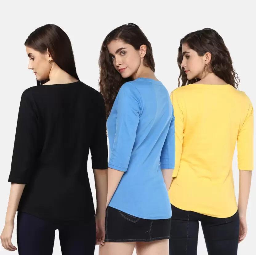 Pack of 3 Women Self Design, Solid Round Neck Multicolor T-Shirt (BLACK,BLUE,YELLOW) - Young Trendz