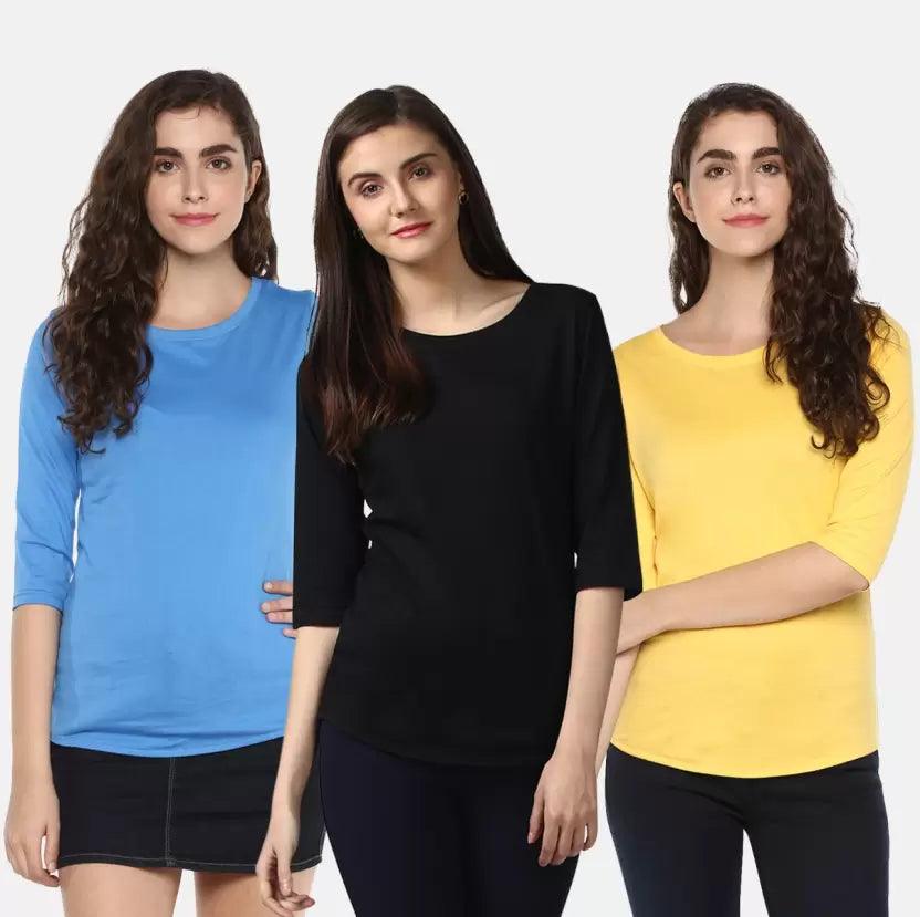 Pack of 3 Women Self Design, Solid Round Neck Multicolor T-Shirt (BLACK,BLUE,YELLOW) - Young Trendz
