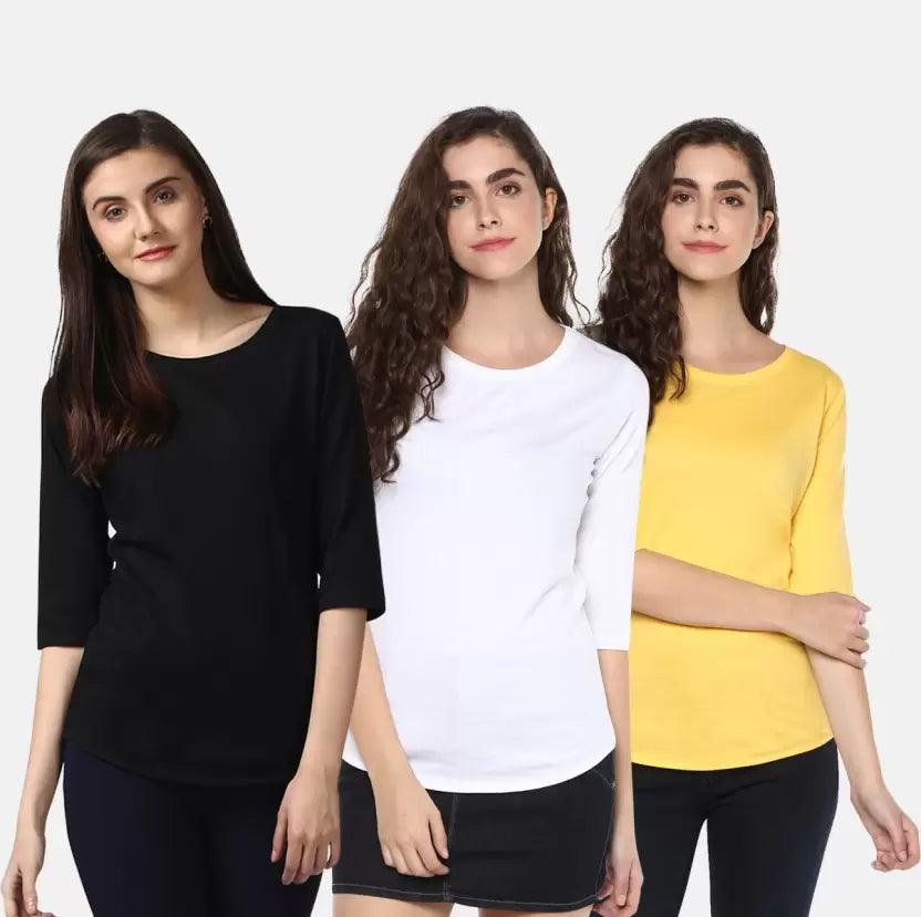 Pack of 3 Women Self Design, Solid Round Neck Tshirt (BLACK,WHITE,YELOLOW) - Young Trendz