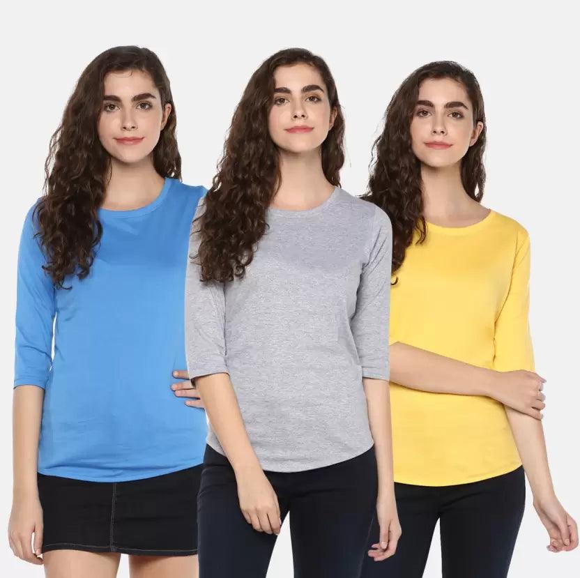 Pack of 3 Women Self Design, Solid Round Neck Tshirt (SkyBlue, Grey, Yellow) - Young Trendz