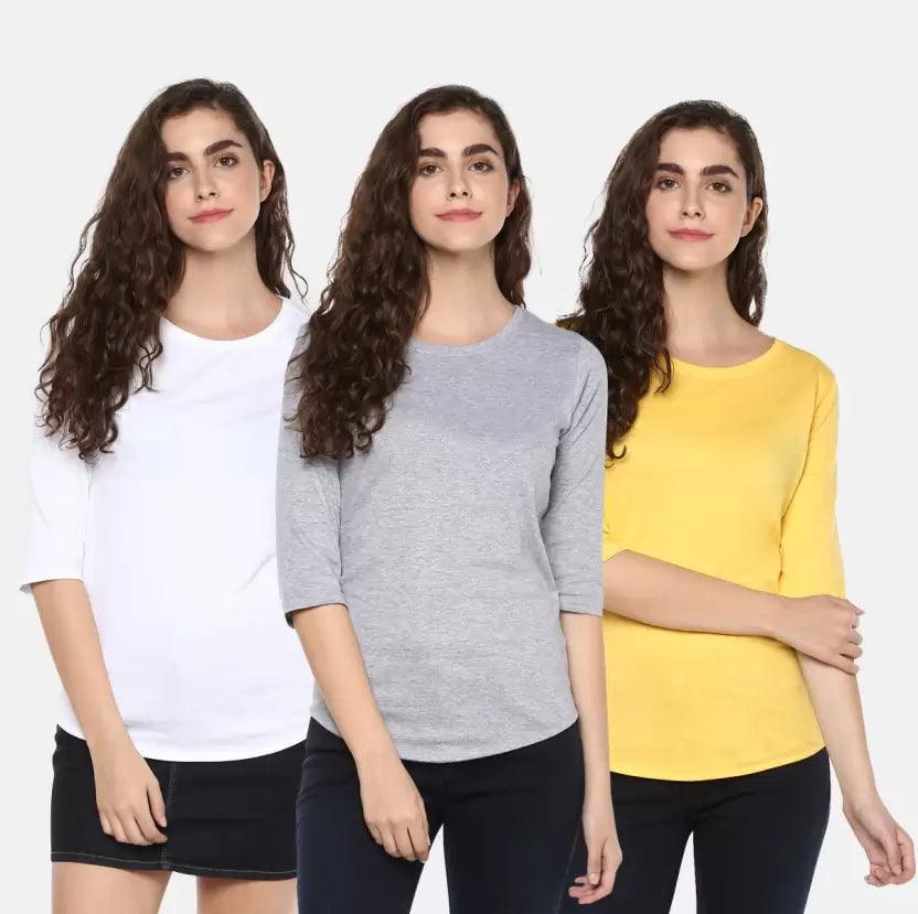 Pack of 3 Women Self Design, Solid Round Neck Multicolor T-Shirt (WHITE,GREY,YELLOW) - Young Trendz