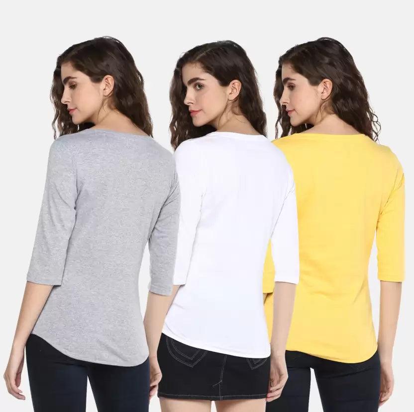 Pack of 3 Women Self Design, Solid Round Neck Multicolor T-Shirt (WHITE,GREY,YELLOW) - Young Trendz