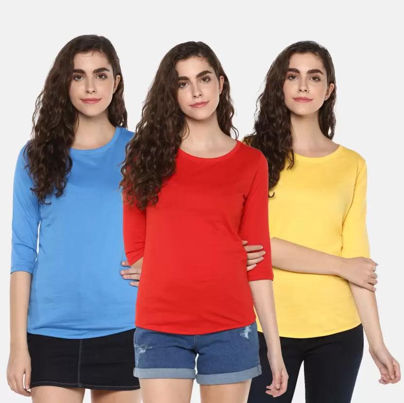Pack of 3 Women Self Design, Solid Round Neck T-Shirt (Red, Blue, Yellow) - Young Trendz