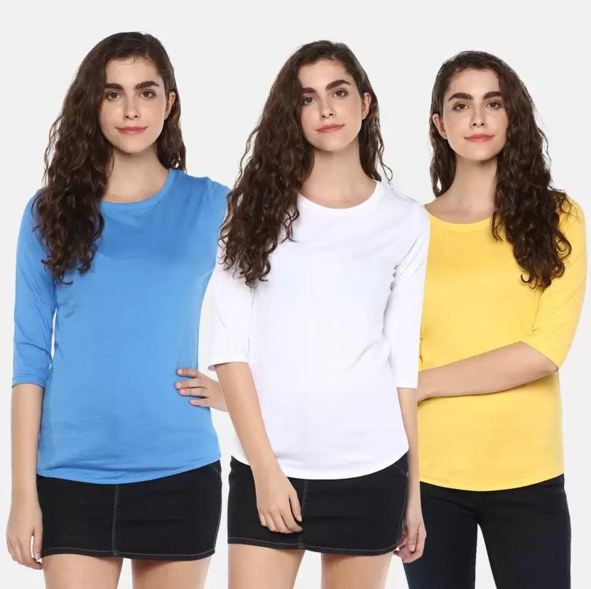 Pack of 3 Women Self Design, Solid Round Neck Multicolor T-Shirt (BLUE,WHITE,YELLOW) - Young Trendz