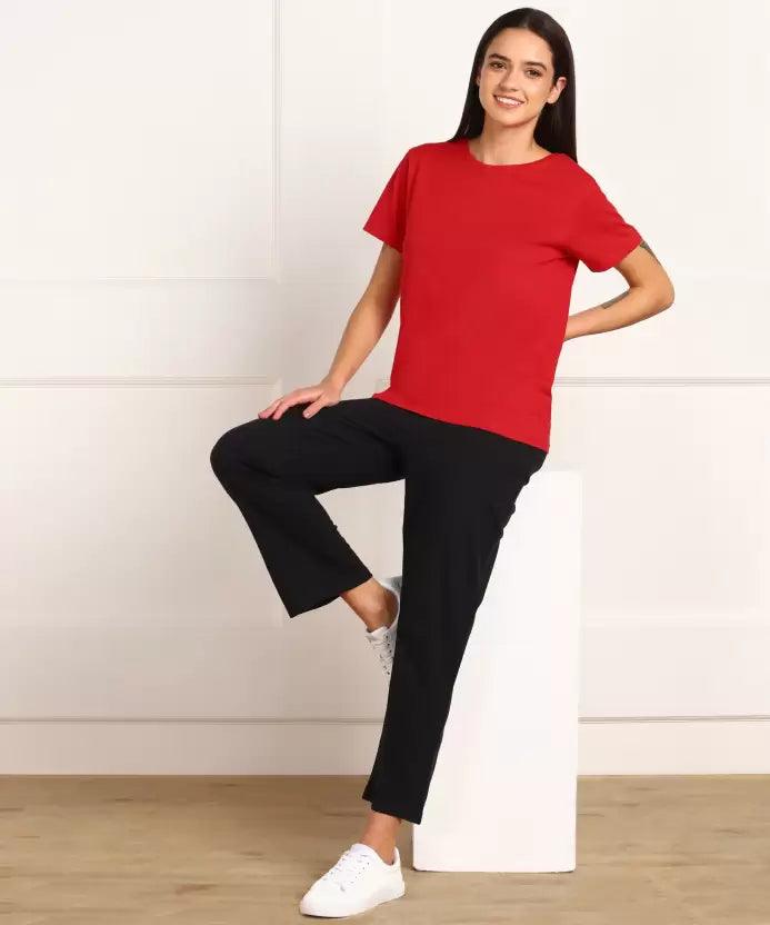 Women T-shirt & Pyjama Set Pure Soft Cotton (Red Black) - Young Trendz