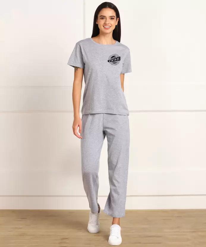 Women T-shirt & Pyjama Set Pure Soft Cotton - Grey Printed - Young Trendz